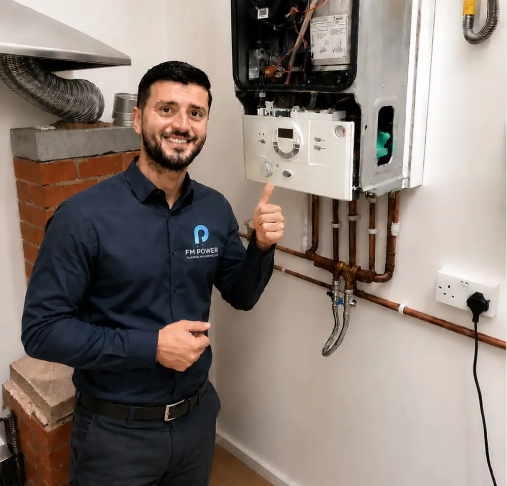 Frederik Marqeshi, director of FM Power Plumbing and Heating Ltd, next to a serviced boiler