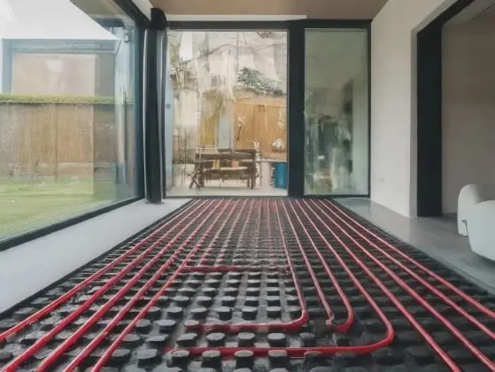 Underfloor heating pipework laid out on site